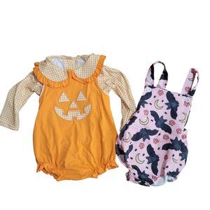 LOT OF 2 Baby Girl 9-12 Mo Halloween Bubble Jack-O-Lantern Peter Pan Collar Bats